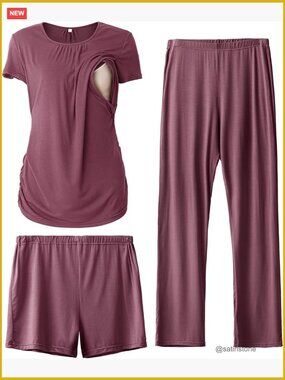 Viscose Maternity Nursing Pajama Set 3-Piece Short Sleeve Breastfeeding PJS